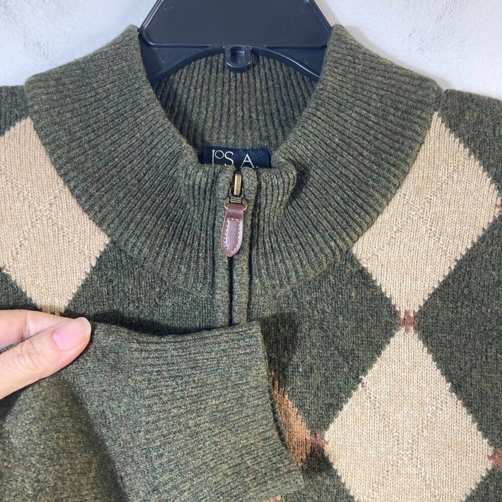 Mens Vintage Jos A Bank Argyle Lambs Wool Sweater 1/4 Zip Brown Tan XL‎ - Picture 4 of 6